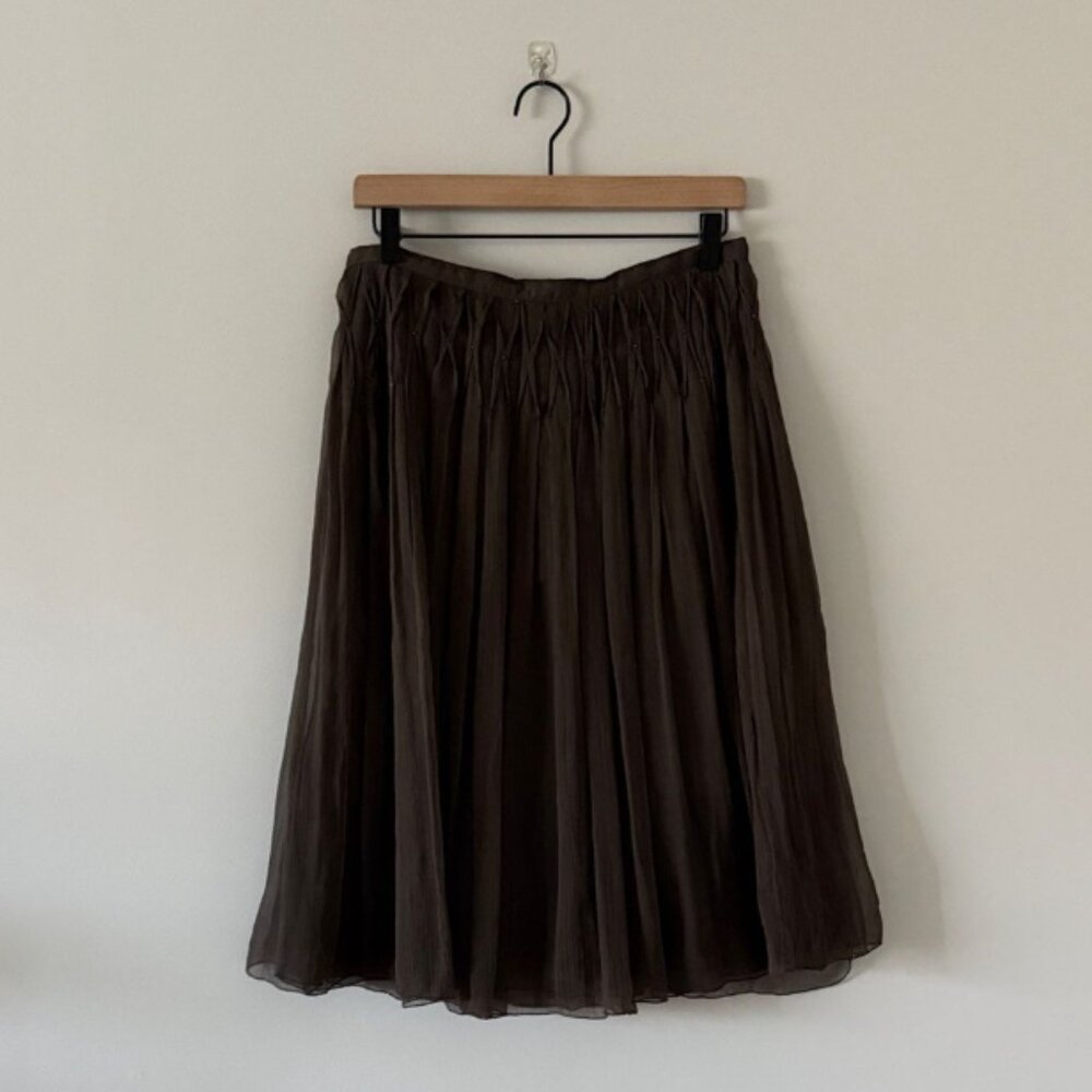Max Studio A-Line 100% Silk Skirt with Beaded Details in Brown Size 4